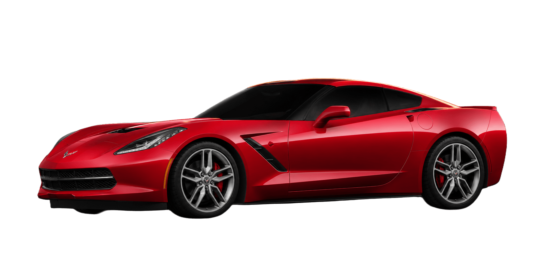 Torch red Chevrolet Corvette C7 with gold rim lighting tracing its body lines in a dark studio.