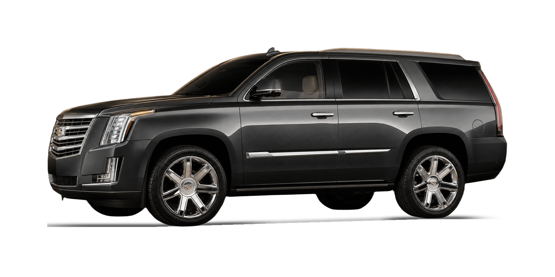 Dark gray 2015 Cadillac Escalade full-size SUV under warm gold rim lighting in a dark studio.