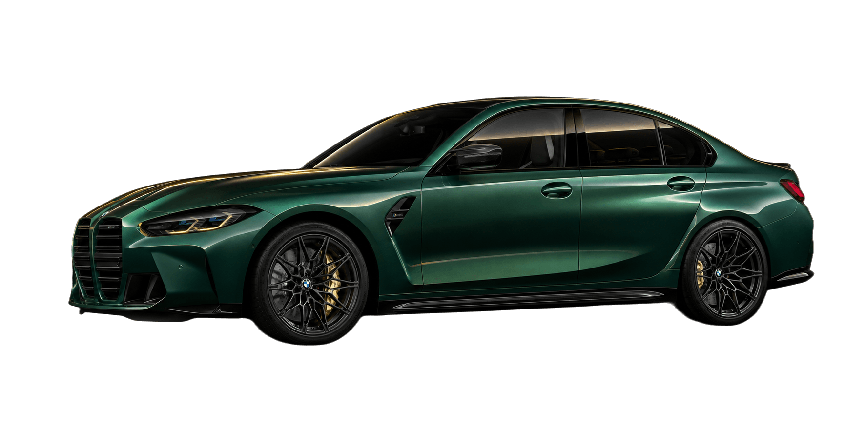 Isle of Man green BMW M3 Competition sedan lit low-key against a black studio background.