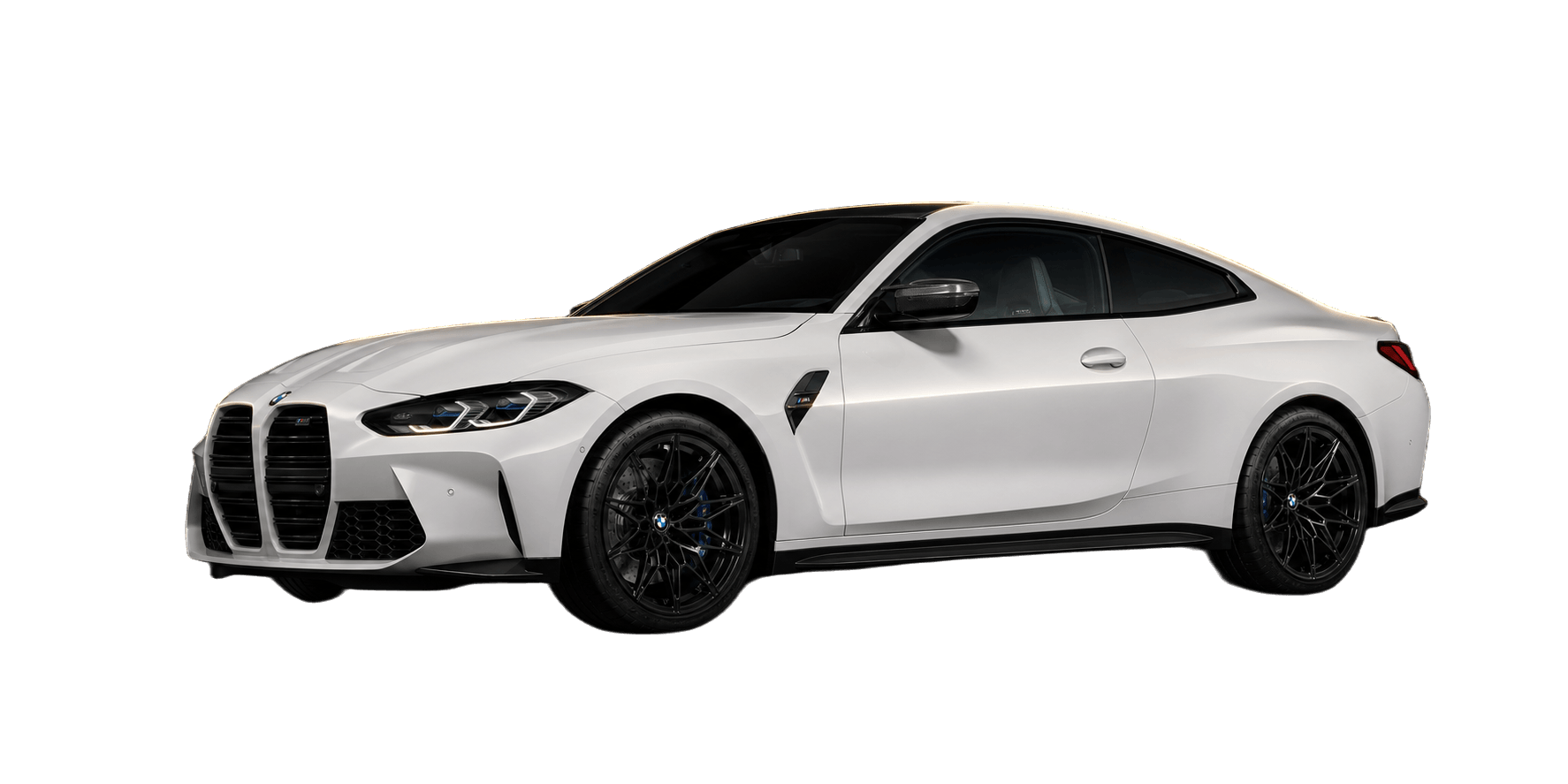 Alpine white BMW M4 Competition coupe with a warm rim light against a dark studio background.