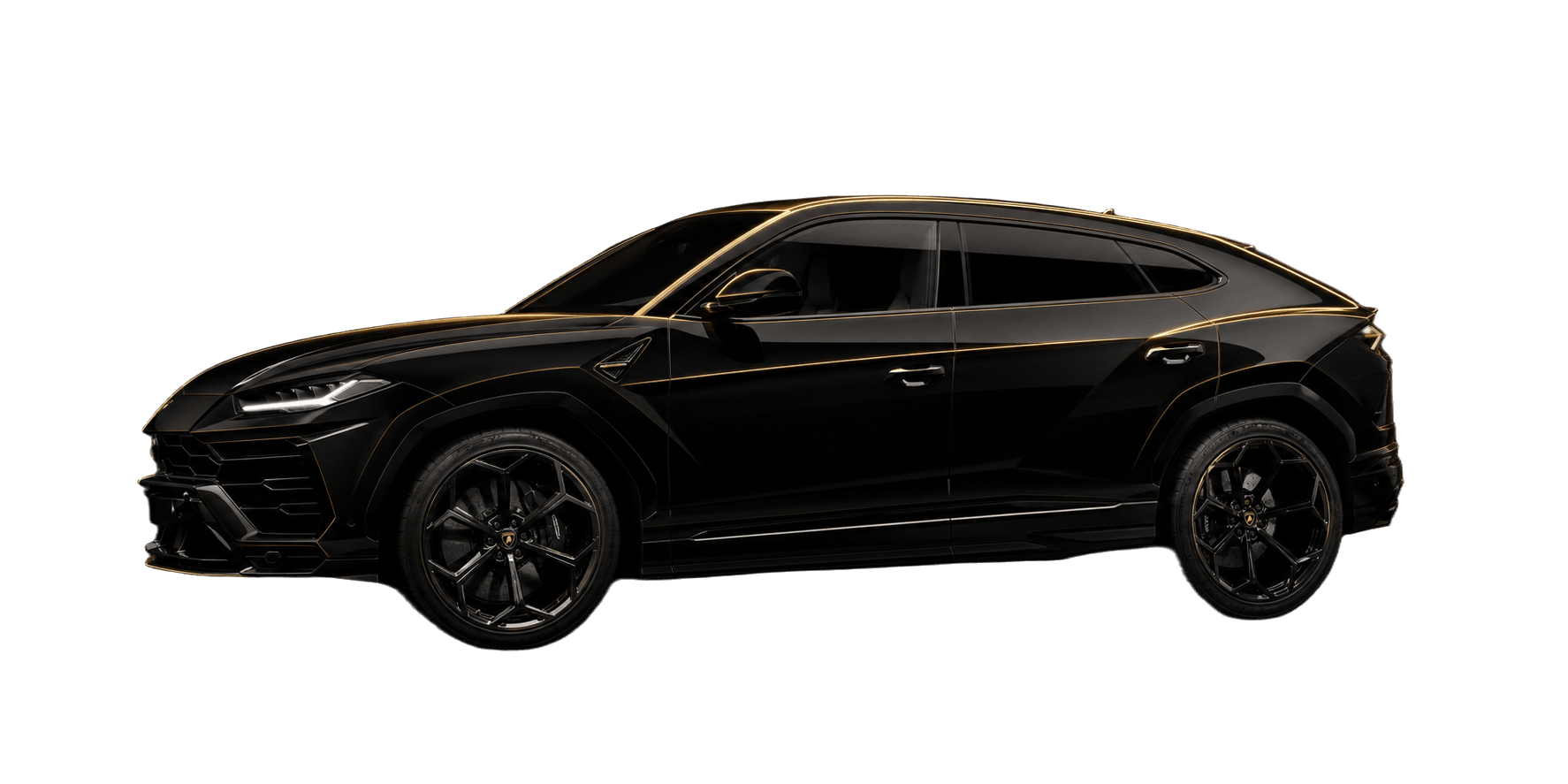 Black Lamborghini Urus SUV with gold rim lighting in a dark studio.